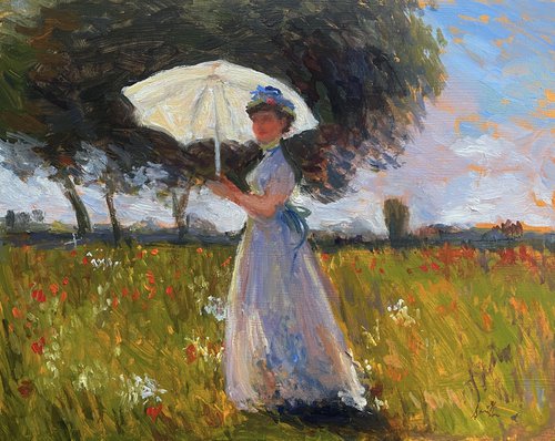 Woman with a Parasol; Framed & ready to hang home decor gift oil painting. by Jackie Smith