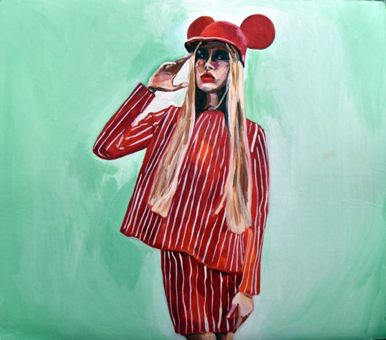 YES SIR, I CAN BOOGIE - oil painting on board, girl, red, green, popart, feminizm, office decor, print on canvas, best gift idea