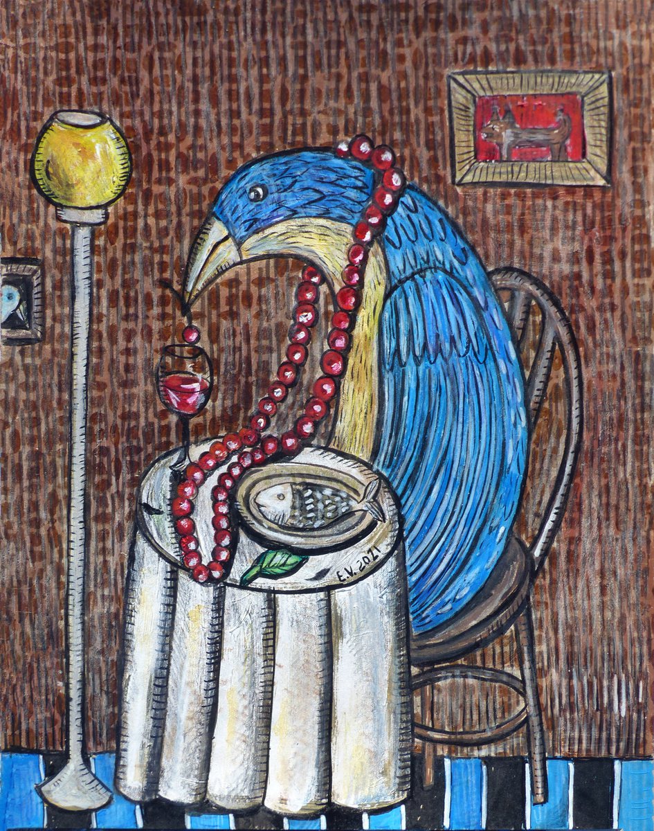 Naive Animal Painting By Elizabeth Vlasova, 11 X 14, Loneliness#2, Original Artwork