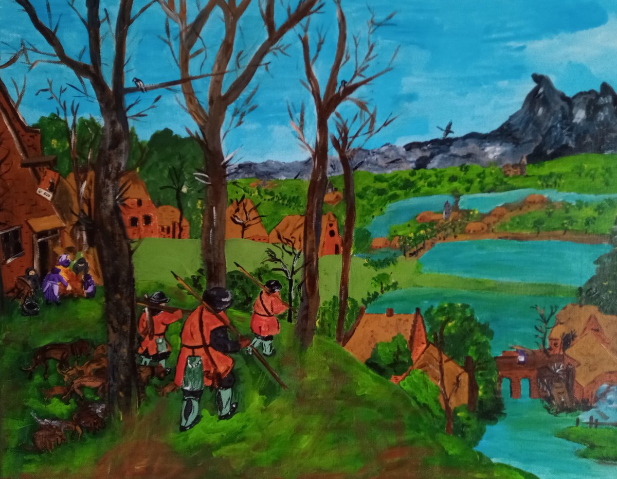 Naive Landscape Acrylic Painting By Corinne Hamer, 20 X 16, Hunters Before The Snow, Original Artwork