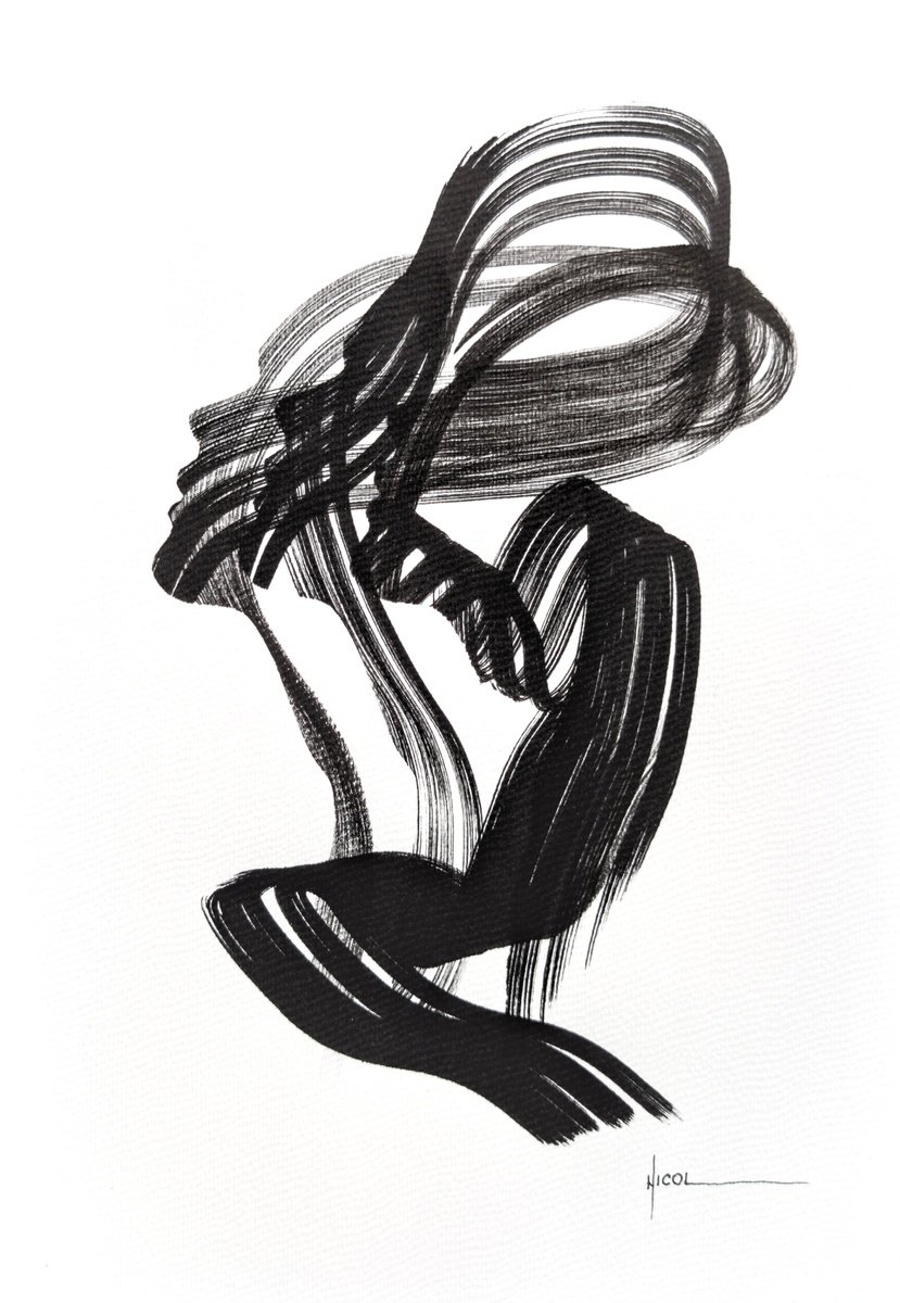 Expressive Portrait Ink Drawing By Nicol Vacaru, 11 X 15", Silent Bloom, Original Artwork