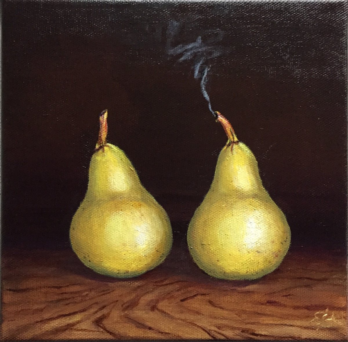 Photorealistic Still Life Acrylic Painting By Lena Smirnova, 8 X 8", Smoked Pears, Original Artwork