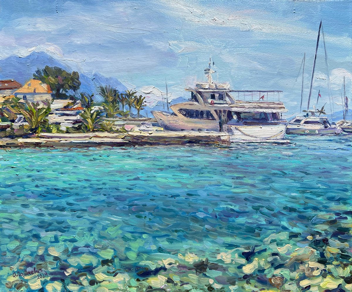 Impressionistic Cityscapes Oil Painting By Olha Dashkevych, 22 X 18", Ship To Korchula, Original Artwork