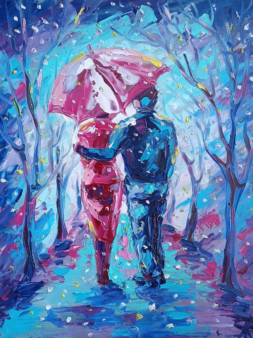 First snow - snow, people, winter, oil painting, snow landscape, love, couple of lovers, lovers by Anastasia Kozorez