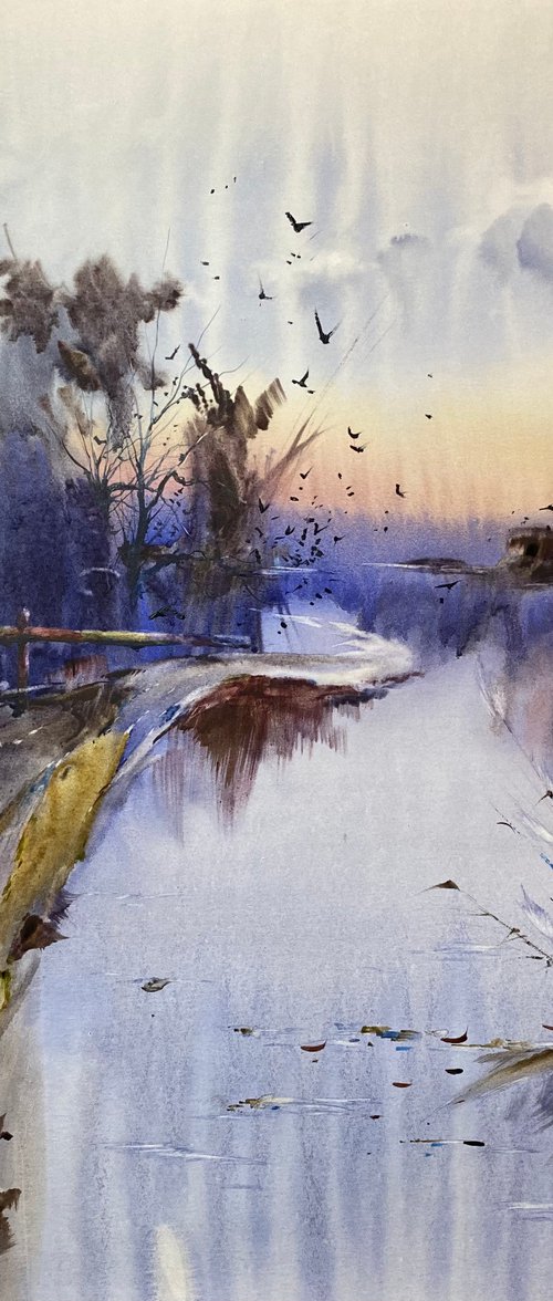 Watercolor “Peacefull sunset” perfect gift by Iulia Carchelan