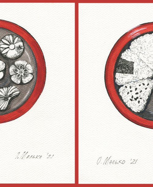 Japanese cuisine. Onigiri & Wagashi / Original diptych Food drawing Japanese style Kitchen decor Dining room wall art by Olha Malko