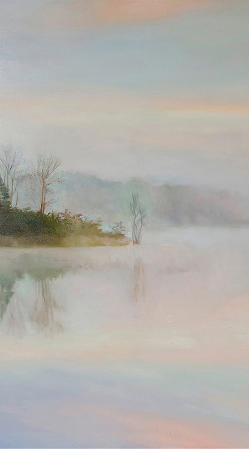 "River Fog 3" River blue oil landscape by Mary Ameur