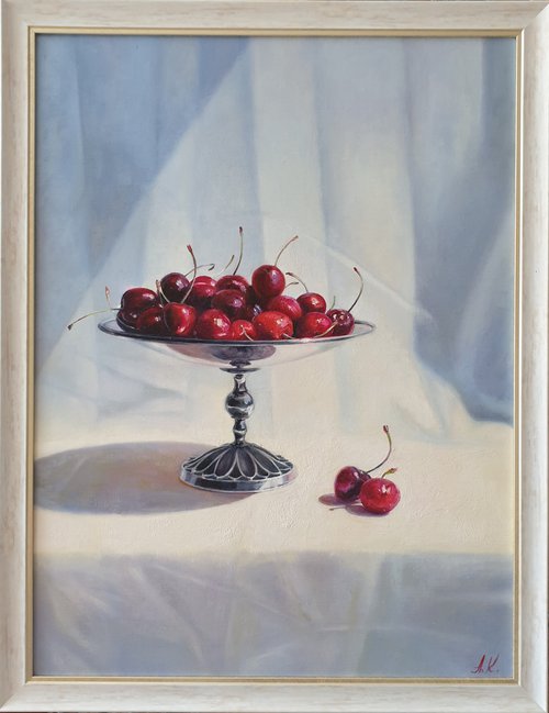 " Wonderful cherry  taste."  still life summer plant cherries red  liGHt original painting  GIFT (2020)) by Anna Bessonova (Kotelnik)