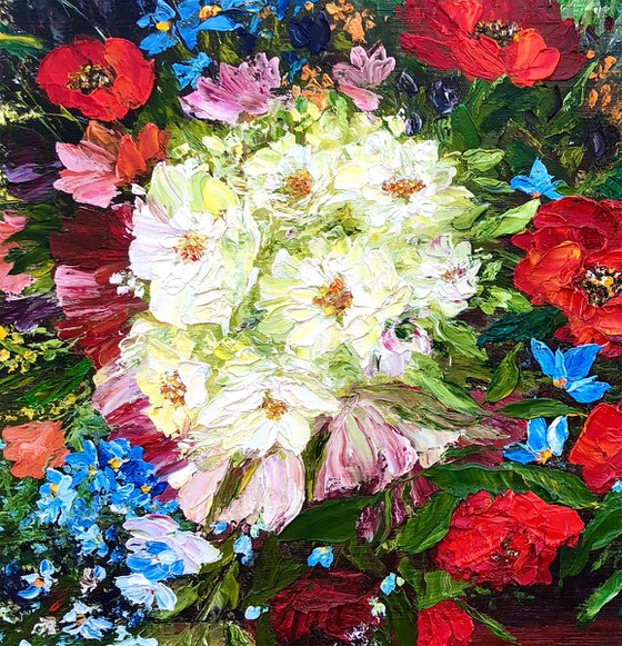 SUMMER WILDFLOWERS - Summer still life. Beautiful bouquet. Wildflowers. Red poppies. Wild daisies. Lush. Colorful.