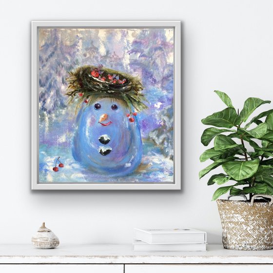 Snowman original oil painting - Nursery wall art - Winter gift idea