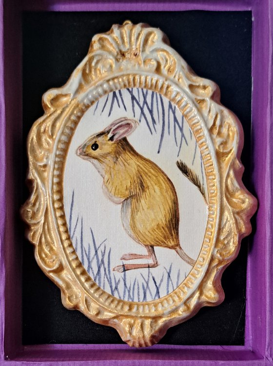 Fawn hopping mouse, part of framed animal miniature series "festum animalium"