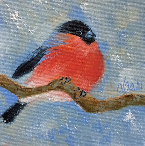 Bird framed oil painting - Bullfinch small canvas - Winter shelf painting - Gift idea for bird lover (2021)