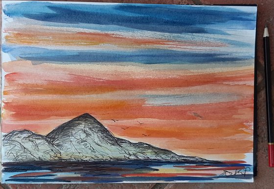 Sunset over Croagh Patrick - a watercolour and pen study