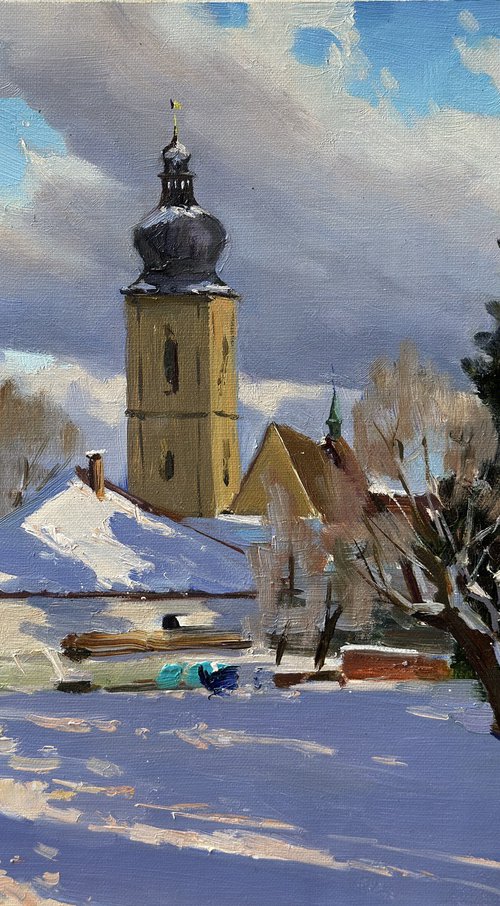 Snowy Landscape with Church by Evgeniia Mekhova