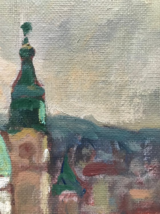 Original Oil Painting Wall Art Artwork Signed Hand Made Jixiang Dong Canvas 25cm × 30cm Red Roof Prague small building Impressionism