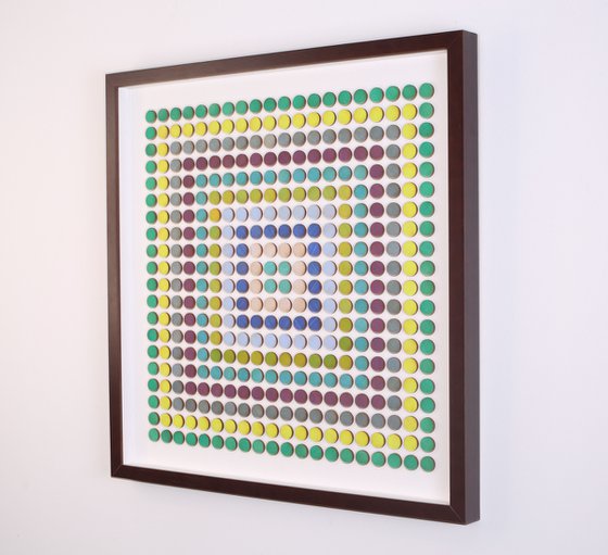 Abstract art wood dot collage 'concentric square of dots'