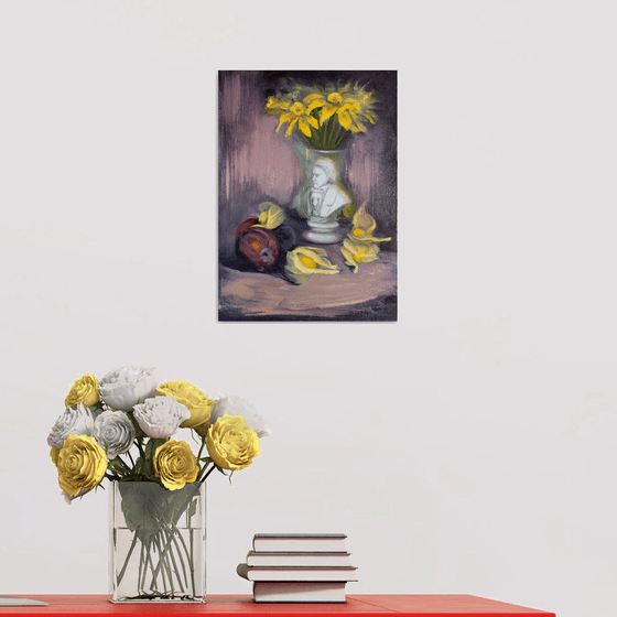 Still life with daffodils and Beethoven statue