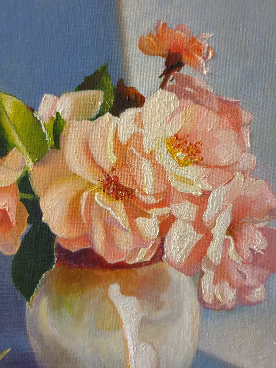 "Garden roses in the rays of the evening sun."  rose flower  liGHt original painting  GIFT (2021)