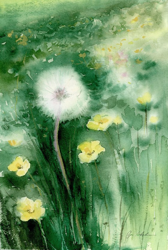 Watercolor dandelion field