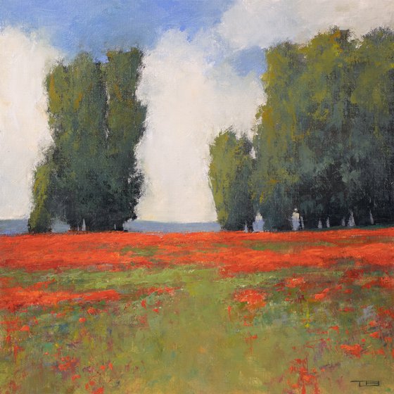 Red Poppy Field 220408, flower field impressionist landscape oil painting