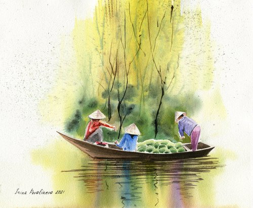 Watermelon traders on the Mikong River , River in Asia, Boat on the river , Mikong , yellow and green, straw hat, decor for living room, decor for Asiatic shop, decor in Asiatic style, gift idea for friend by Irina Povaliaeva