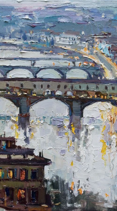 The bridges of Florence - Italy Landscape painting by Anastasiia Valiulina