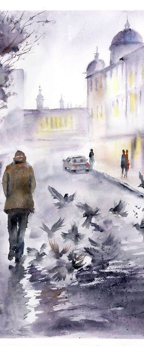Misty Street with Birds by Olga Tchefranov (Shefranov)