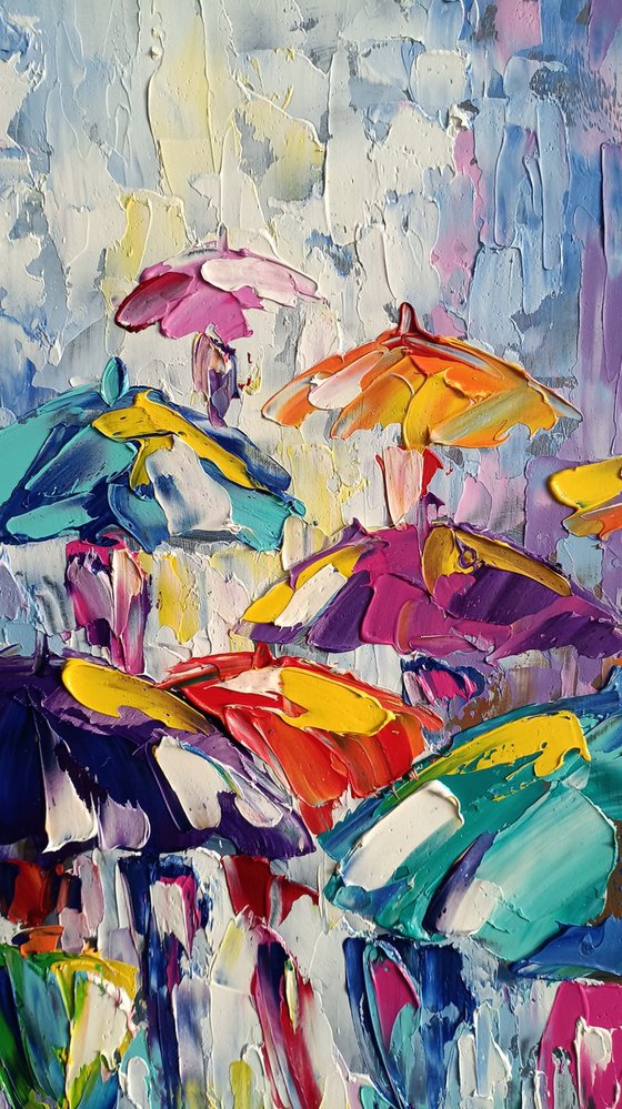 Color kaleidoscope - under the rain, painting on canvas, umbrella art, people in the rain, oil painting, people art, rain, umbrella, impressionism