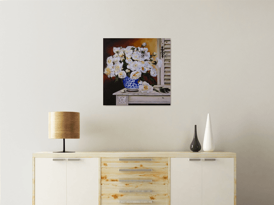 White Peonies in Blue Vase
