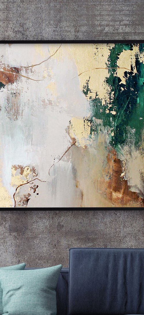 "Green Avalanche 2" Green gold brown abstract by Yana Sagan