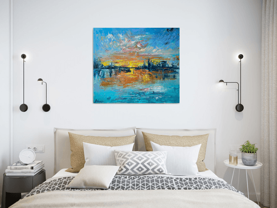 Sunset - Big city never sleeps, 70*80cm, impressionistic landscape oil painting in orange and turquoise