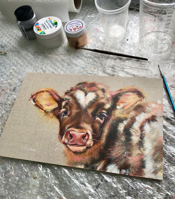 Little Love Heart, Highland Cattle Calf  Original Oil Painting on Linen Board 12x8"