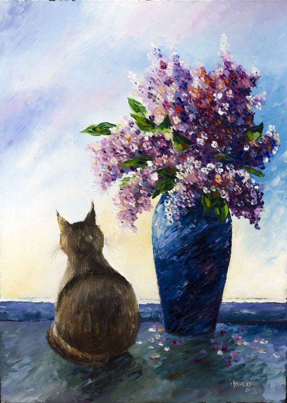 Lilacs and cat