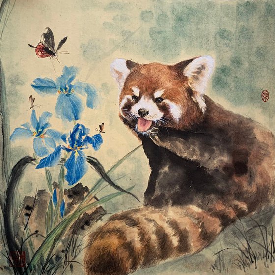 Red Panda & Blue Irises