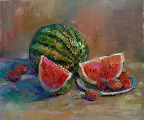 Still life - watermelon  (42x50cm, oil painting, ready to hang) by Kamsar Ohanyan