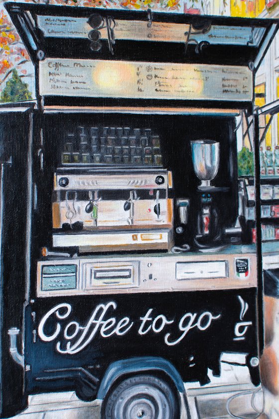 COFFEE TO GO by Vera Melnyk - (sityscape oil painting, Modern Home Decor, gift, New York Lovers, Wall Art, Barista, life style, coffee time)