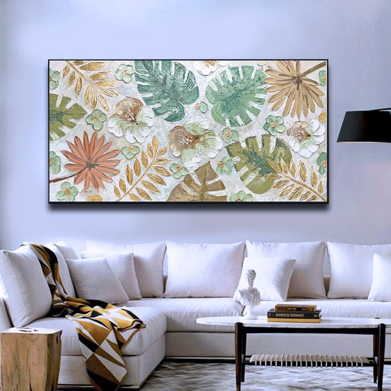 Tropical Haze - Garden Painting Green Plants Painting Summer Flowers Painting Custom Canvas Wall Art Living Room Wall Art Tropical Leaves Art