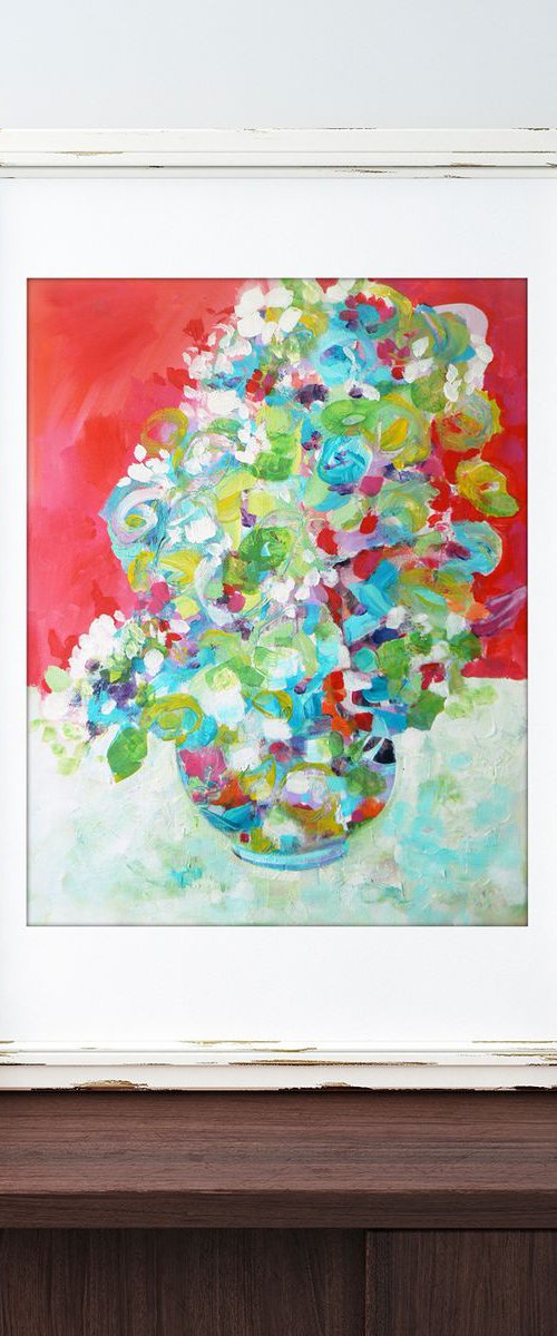 Vase of flowers on red by Carolynne Coulson