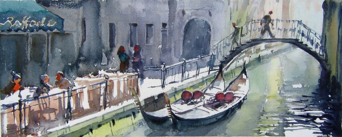 Cityscapes Watercolour By Goran Zigolic Watercolors, 22 X 9, Venice Impression I, Original Artwork