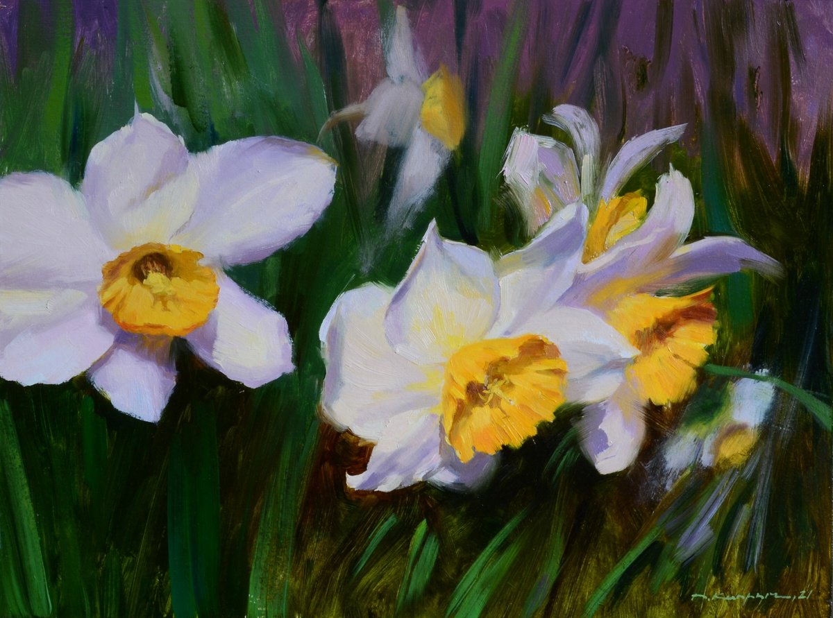 Impressionistic Botanical Oil Painting By Ruslan Kiprych, 16 X 12", Daffodils, Original Artwork