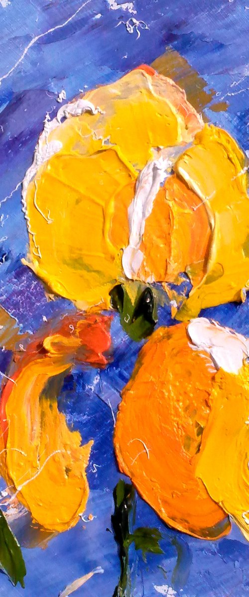 Irises Painting Floral Original Art Abstract Yellow Flowers Small Oil Impasto Pallete Knife Artwork Home Wall Art 6 by 6" by Halyna Kirichenko by Halyna Kirichenko