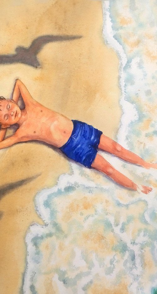 Child boy lying on sand beach by Olga Beliaeva Watercolour