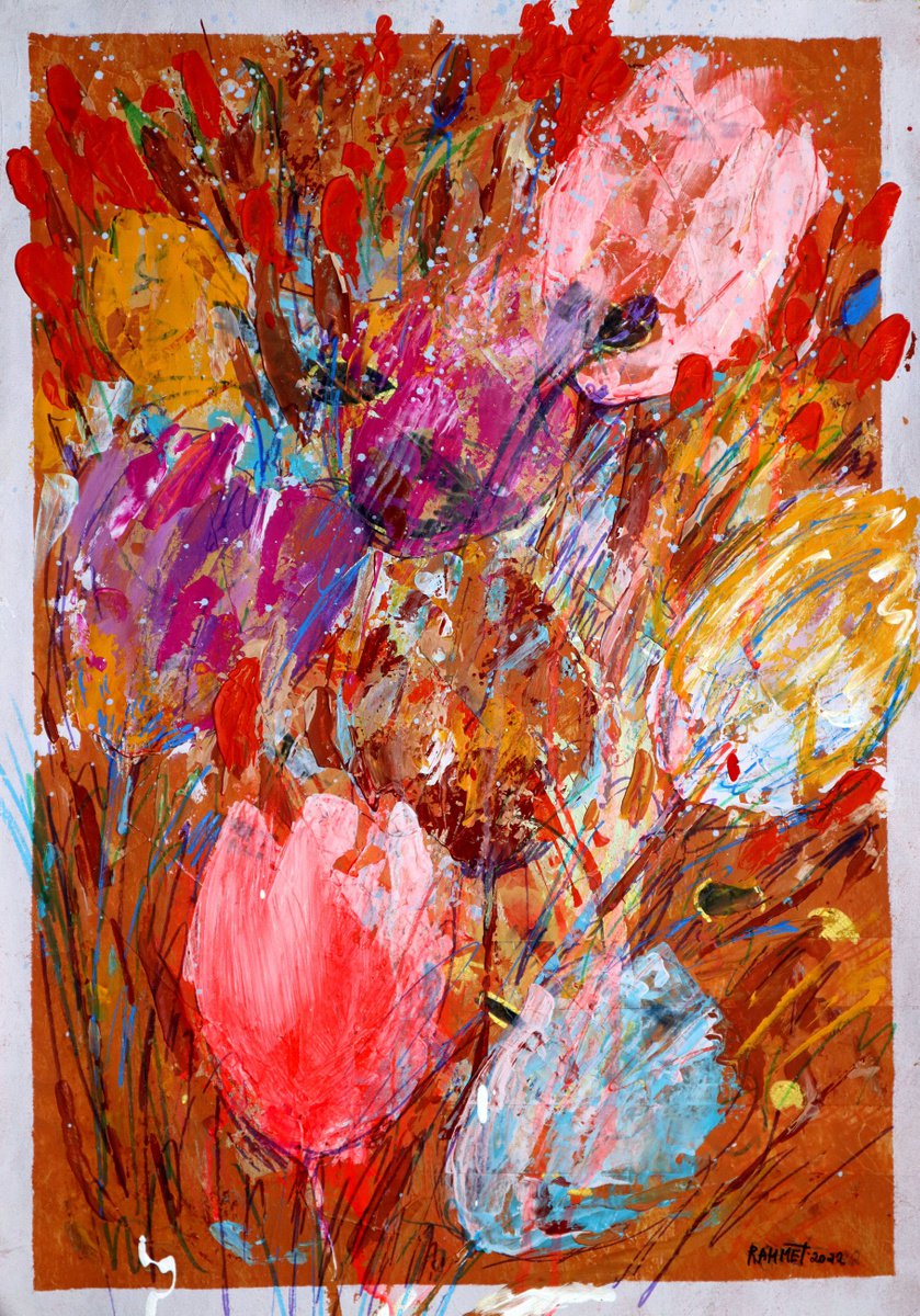 Impressionistic Botanical Acrylic Painting By Rakhmet Redzhepov, 16 X 23", Fantasy With Flowers 24., Original Artwork