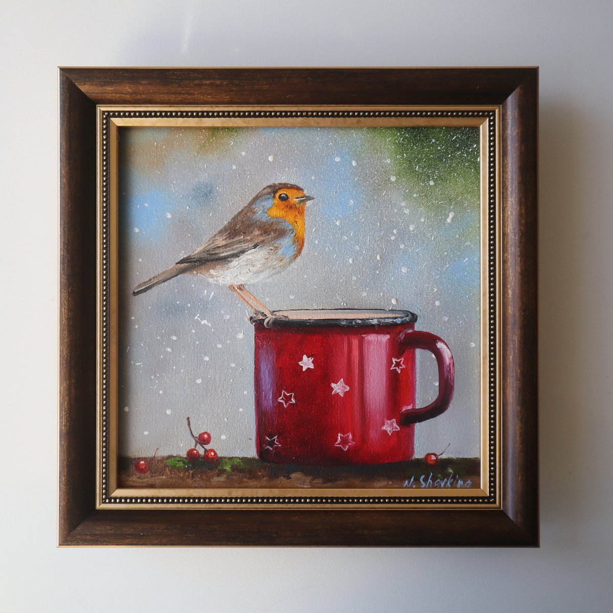 Photorealistic Animal Oil Painting By Natalia Shaykina, 10 X 10", Christmas Robin, Original Artwork