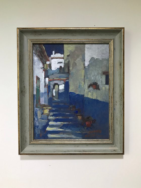 Original Oil Painting Wall Art Signed unframed Hand Made Jixiang Dong Canvas 25cm × 20cm Cityscape Street in Skiathos Greece Small Impressionism Impasto