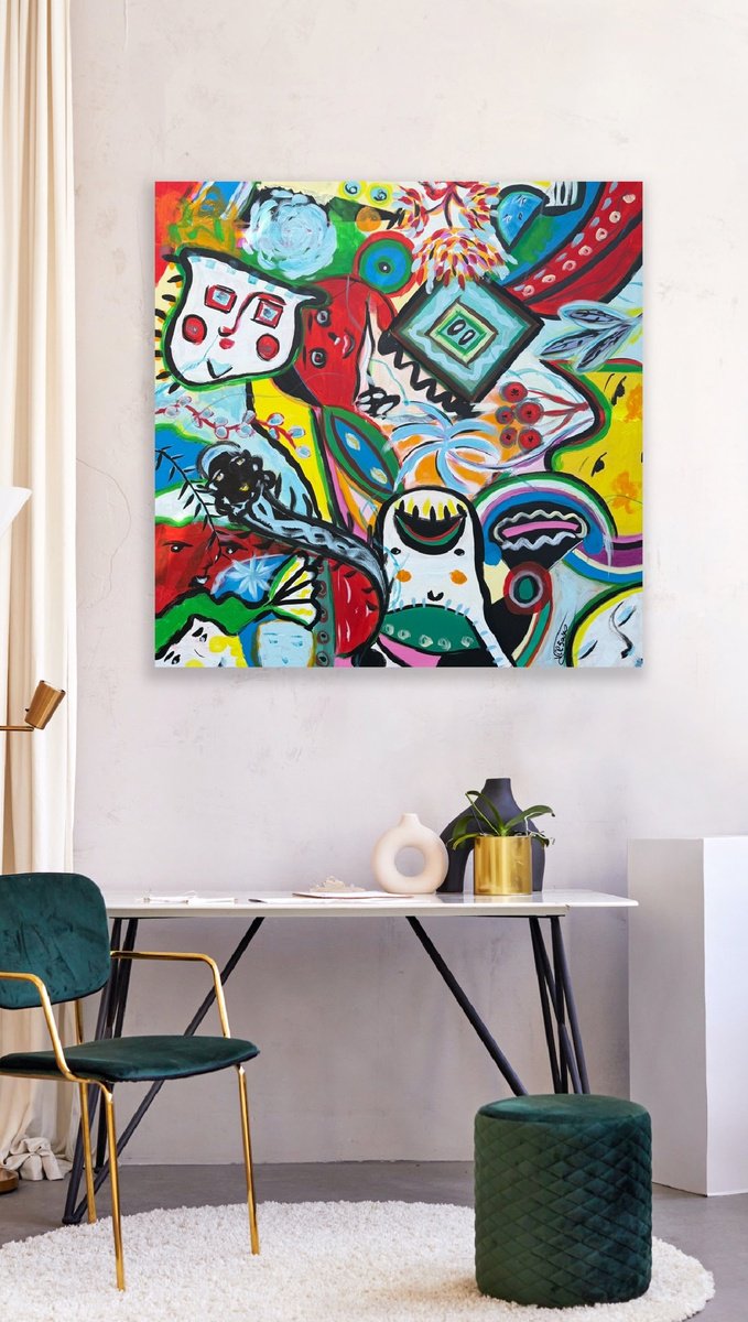 Organic Abstract Acrylic Painting By Veronica Vilsan, 39 X 39", Joyfulness 2, Original Artwork