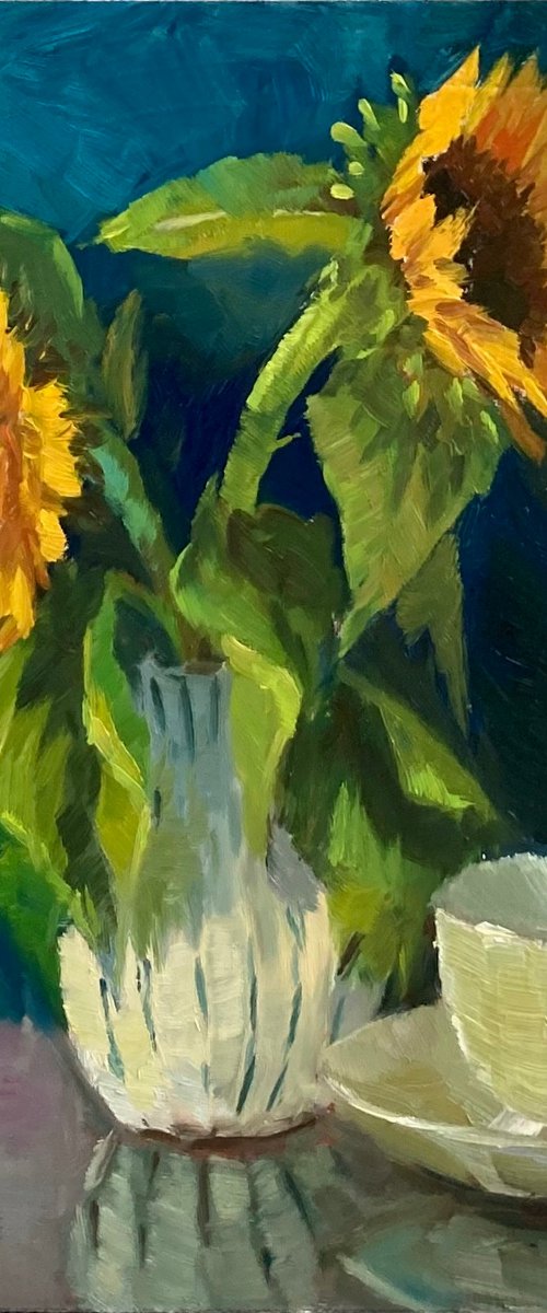 Sunflowers on Blue - Original Still Life Painting Home Decor by Nithya Swaminathan