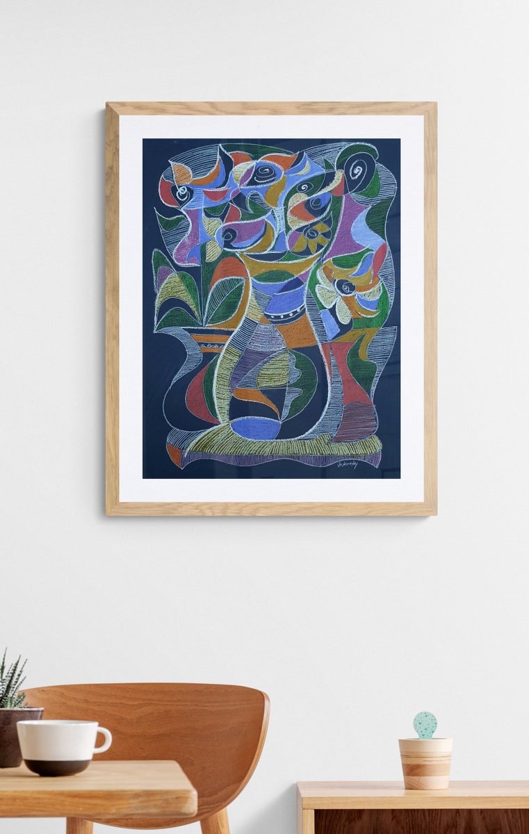 Surrealistic Abstract Pastel Drawing By Vadim Vaskovsky, 22 X 28", Vase With Flowers, Original Artwork