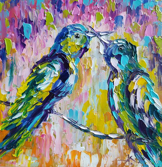 Colors around us -  oil painting, birds love, love, birds, animals oil painting, art bird, impressionism, palette knife, gift.