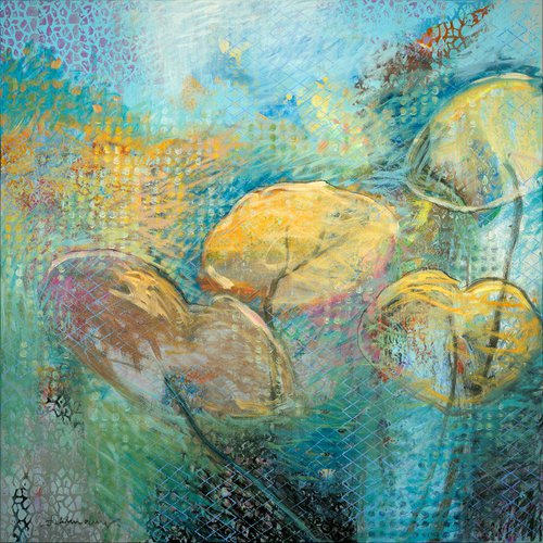 „Water Lilies", Nr. 1, Seerosen, Gemälde Acryl, Kohle, Pastell auf Leinwand by Uwe Fehrmann